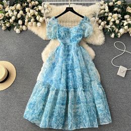 Casual Dresses Summer New Women Square Neck Puff Sleeve Floral Dress Blue Orange Mid-Length Organza Dresses Sweet Evening Party Dr339w