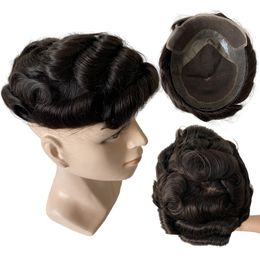 Toupee Hollywood Hair European Virgin Human Hair Pieces 32mm Wave, #1b Black Color 8x10 Swiss Lace Hollywood Toupee for White Man