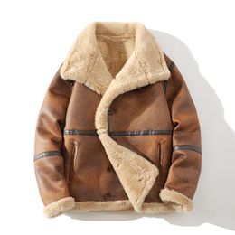 Brown Fur Shearling Trench Leather Pea Coat Autumn Winter Bomber Jackets Mens Clothing Thickened Warm Lapel Tops Plus Size