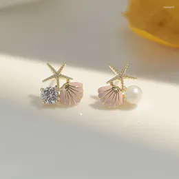 Stud Earrings Fresh Ocean Style Small Women Starfish Shell Earring Creative Asymmetric Ear Ring Imitation Pearl Zircon