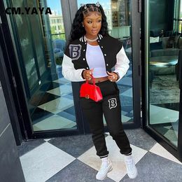 Women's Two Piece Pants CM.YAYA Letter B Baseball Women's Tracksuit Single Breasted Jacket and Sweatpants Matching Two 2 Piece Set Outfits Sweatsuit 231017