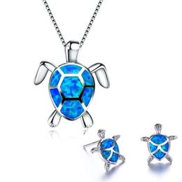 925 Sterling Silver Cute Turtle Pendant Necklace And Earrings Blue Fire Opal Filled Female Wedding Animal Jewelry Set308Q