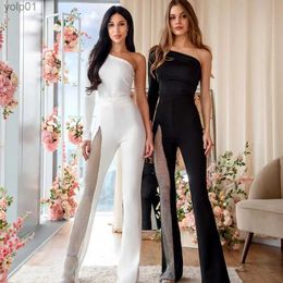 Women's Jumpsuits Rompers Party Club Women's Clothing 2023 Slim-fit Sexy Slit High Waist Casual Pants One-shoulder Long-sleeved One-piece JumpsuitL231017