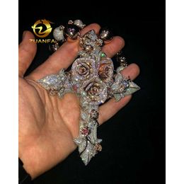 Mens Iced Out Custom Hip Hop Sterling Sier VVS Moissanite Diamond Rose Cross Pendant Fine Jewelry Necklace