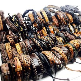 whole 100pcs lot mix styles handmade black brown men's vintage Genuine Leather surfer Jewellery cuff bracelets288A