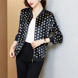 Women's Jackets Polka Dot Print Black Velvet For Women Spring Autumn Zip Pocket Short Coat Korean Style Lady Casual Baseball Jacket