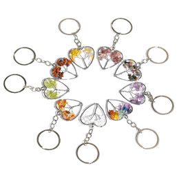 Heart Shape Key Rings Women Natural Chip Quart Stone Bead Tree of Life Keychains Wholesale Key Rings