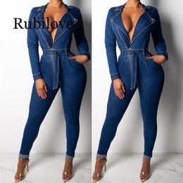 2020 Denim Jumpsuit Women Long Sleeve Front Zipper Jeans Rompers Women Jumpsuit With Sashes Plus size Belted Streetwear Overal284h