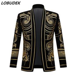 Men's Vintage Gold Embroidered Velvet Blazer England Style Plus Size Suit Jacket Singer Stage Performance Costume Bar DJ Tuxe205s