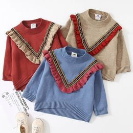 Pullover Autunno Inverno Primavera 2 3 4 6 8 10 12 anni Bambini O-Collo Pullover lavorato a maglia Cotone Ruffles Patchwork Bambini Neonata Maglione 231017