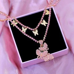 QIFEI Hip Hop Butterfly Pendant Necklace Fashion Diamond Double Layer Butterfly Tennis Chain Necklace