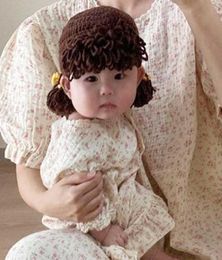 Cute born Baby Girl Beanie Hat Hair Pigtail Braid Wig Cap Winter Warm Knitted Children Kids Girls Hats and Caps 2107138456444