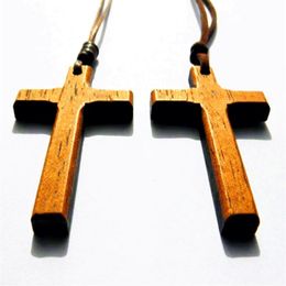 Vintage wooden Cross pendant necklace women Christ Jesus Cross sweater chain men handmade carving stylish 12pcs281m