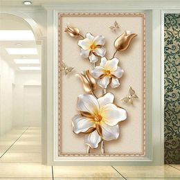 Wallpapers 3D Stereoscopic Luxury Gold Flower Jewellery Po Mural Wallpaper European Style El Living Room Entrance Backdrop Wall Papers