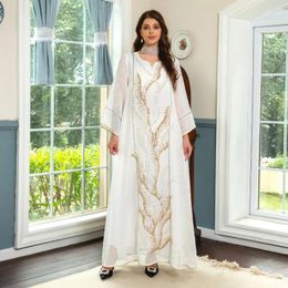 Ethnic Clothing Kaftan White Gauze Dubai Saudi Sequins Embroidered Muslim Dress Luxury Temperament Robes Evening Party Gowns Abaya