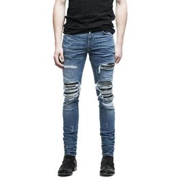 MORUANCLE Brand Designer Mens Ripped Biker Jeans Hi-Street Distressed Moto Denim Joggers Trousers Leather Patchwork Black Blue223z