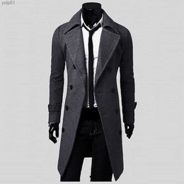 Men's Wool Blends Men Fleece Warm Windbreaker Jacket Winter Men Slim Stylish Trench Coat Double Breasted Long Jacket Elegant Long CoatL231017