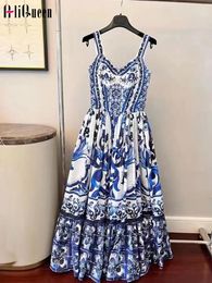 Casual Dresses High Quality Runway Porcelain Print Maxi Elegant Women Retro Sexy Backless Spaghetti Strap Boho Party Dress Sundress