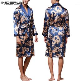 INCERUN Fashion Satin Silk Pyjamas Mens Robe Long Sleeves Bathrobe Lucky Chinese Dragon Print Gown Bathrobe Sleepwear Lounge1211e