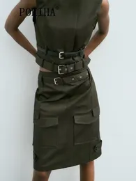 Skirts Pokiha Fashion Women Casual With Belt Patch Pockets Cargo Style Midi Vintage Mid Waisted Chic Female Skirt Mujer