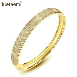 LUOTEEMI Luxury Exquisite Clear Zircon Paved Gold Colour Bangles For Women 8mm Bride Wedding Bracelets Female Fashion Jewelry2536