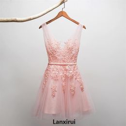 Casual Dresses Vintage Light Champagne Lace Dreses Girls Pearls Tulle Short Women Dress Formal Party206e