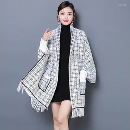 Scarves Imitation Mink Velvet Knit Cape Cardigan Coat Women Thousand Bird Check Pocket Autumn-winter With Tassel Sleeves