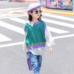 Pullover Chic Vestiti per ragazze Maglione lavorato a maglia Camicia Patchwork Maglione scozzese vintage geometrico 8 10 12 14 anni Maglieria per bambini Cappotti 231016