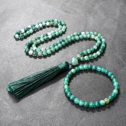 Pendant Necklaces Green Stripe Agates Necklace & Bracelet For Women 108 Mala Beads Nature Stone Handmade Men Bohemian Charm Yogo Jewelry