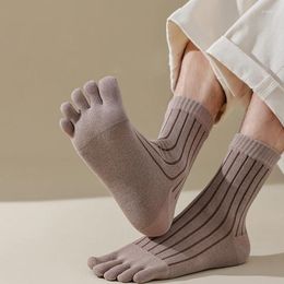 Men's Socks 5 Pairs Thick Five Finger Cotton Mens Mid-tube Vertical Stripe Toe Sock Solid Colour Casual Sweat-absorbing Toed