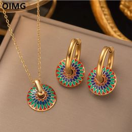 Wedding Jewelry Sets OIMG 316L Stainless Steel for Woman 3 Color Oval Gear Pendant Necklaces and Earrings Set Bohemian Style 231016