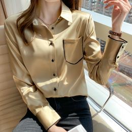 Luxury Designer Woman Gold Silk Blouses Long Sleeve Button up Shirt Autumn Winter Fashion Shirts Plus Size 2023 Office Ladies Lapel Runway Casual Versatile Tops