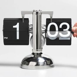 Desk Table Clocks European Creative Flip Down Page Desk Clocks Retro Flip Table Clock Stainless Steel Mechanical Automatic Flip Clock Home Decor 231017