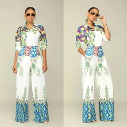 Ethnic Clothing 2 Piece African Clothes For Women 2023 Long Sleeve V-neck Print Polyester Top Pant Matching Sets