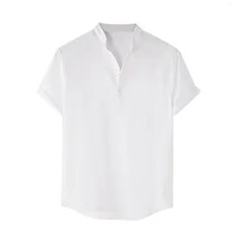 Men's Casual Shirts Men Summer White Shirt Short Sleeve Cotton Linen Regular Fit V Neck Button Down Vintage Clothes Solid Colour