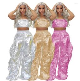 Women's Two Piece Pants Gold Sliver Metallic Birthday Outfits Women Peice Sets Club Party Crop Top And Streetwear Hip Hop Rave Festival