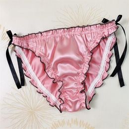 Silk Satin Ruffle Panties Sexy Lace-up Underwear Briefs Solid Color Low Rise Breathable Underpants Female Lingerie2246