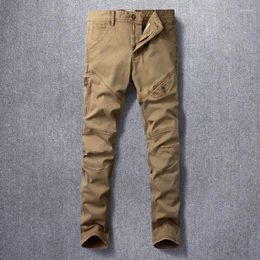 Men's Jeans Fashion Designer Men Khaki Stretch Elastic Slim Fit Vintage Spliced Zipper Pocket Hip Hop Denim Pants