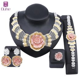 Italian Bridal Constume Flower Crystal Jewellery Set Nigeria Women Necklace Earrings Dubai Gold Colour Bangle Ring Jewellry