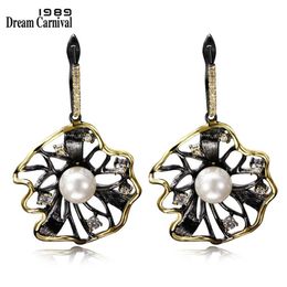 DreamCarnival 1989 Lotus Flower Earrings Hollow Created Pearl CZ Black Gold Color Hip Hop Pendientes tipo gota Parties Jewelries 2331w