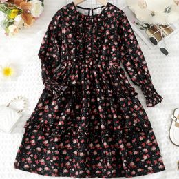 Girl Dresses Baby Girls Dress For Kids Clothing Autumn Floral Long Sleeve Teenagers School Uniform Flounce Ruffle Hem Children Vestidos