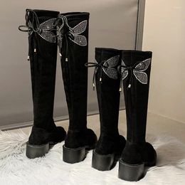 Шикарные носки 485 сапоги Butterfly Crystal Женщины 2024 Корпание высокие каблуки лука