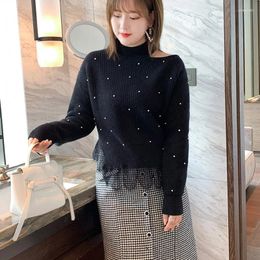 Women's Sweaters Beaded Black Sweater Cut Out Shoulder Lace Ruffles Pullovers Thick 2023 Winter Women Long Sleeve Knitted Tops