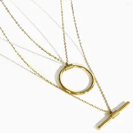 Pendant Necklaces Peri'sbox Stainless Steel 18K Pvd Gold Plated Round Circle And Bar Two Layered Necklace Women Boho Minimalist Jewelry