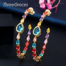 Hoop & Huggie ThreeGraces Luxury Designer Colourful CZ Crystal Water Drop Large Circle Round Loop Earrings For Women Pendientes Muj225h