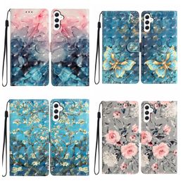 3D Leather Wallet Case For Samsung S23 FE Ultra S22 Plus A15 A05S A05 A25 A34 A54 A14 A24 A04E A23 A04 A04S A73 A53 A33 Flower Butterfly Marble Heart Skull Holder Flip Cover