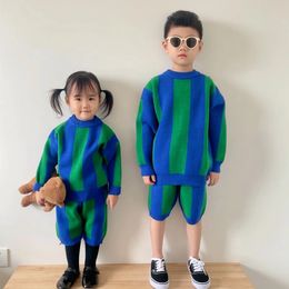 Pullover Korean Children's Clothing Autumn Girls Boys Contrast Colour Striped Sweater Baby Knitted Suit Brothers and Sisters Matching 231017