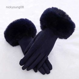 Fingerless Gloves Female Faux Rabit Fur Suede Leather Touch Screen Driving Glove Winter Warm Plush Thick Embroidery Full Finger Cycling Mitten H92L231017