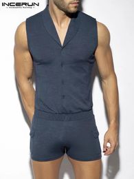 Men's Sleepwear INCERUN Solid Colour Men Pyjamas Rompers Lapel Sleeveless Button Homewear Cosy Playsuits Men Casual Sleepwear Jumpsuit S-5XL 231011