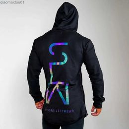 Men's Hoodies Sweatshirts 2023 Autumn Colourful Reflective Hoodie Running Fitness Training Long Sleeve Men's Elastic Laser Sports Coat TideL231017